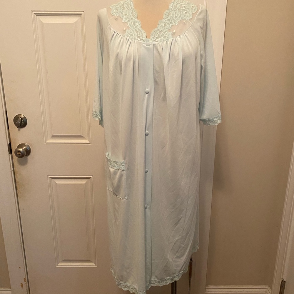 Lace-Trim Button-Front Blue Nylon Robe Women's - Picture 2 of 8